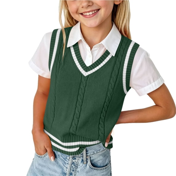 Fancifize Kids Ribbed Knit Vest Girls Boys V Neck Sleeveless Cropped Sweater Casual School Uniform Tops 0-15 Years