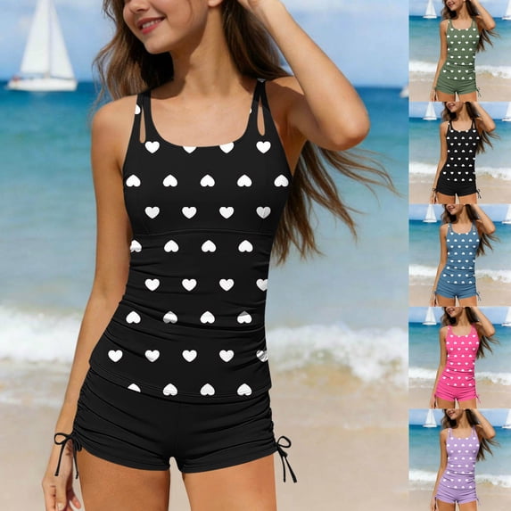 Fancifize Kids Tween Bathing Suits 2 Piece Tankini Swimsuits for Teens Girls Beach Heart Printed Padded Bra Swimwear