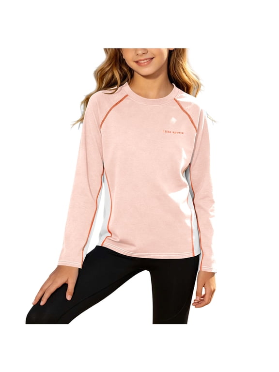 Kids UTF 50+ Sun Protection Shirts Teen Girls Long Sleeve Rash Guard Pullover Tops for Outdoor Athletic Size 4-16