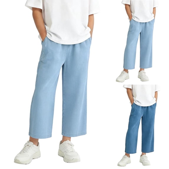 Fancifize Kids Wide Leg Palazzo Pants Summer Casual Elastic Waist Cropped Pants Breathable Loose Fit Trousers School Clothes with Pockets for Girls Boys
