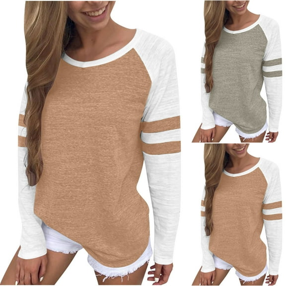 Fancifize Long Sleeve Shirts for Women Raglan Sleeve Casual Tops Trendy Crewneck Color Block Fall T Shirts Workout Athletic Outfits