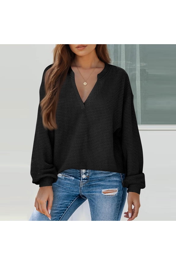 Long Sleeve Shirts for Women Waffle V Neck Tunic Tops Causal Loose Fit Dressy Pullover Basic Fall Outfits
