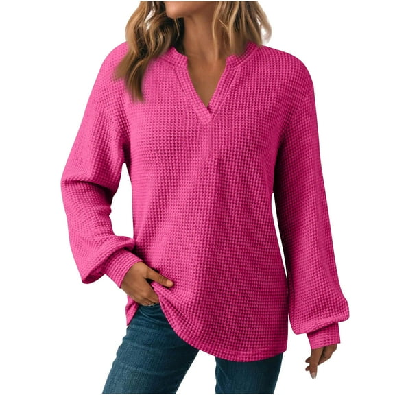 Fancifize Long Sleeve Shirts for Women Waffle V Neck Tunic Tops Causal Loose Fit Dressy Pullover Basic Fall Outfits