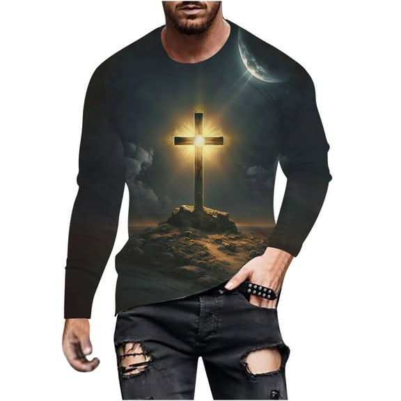 Fancifize Long Sleeve T-Shirts for Mens Big&Tall 3D Street Faith Jesus Cross Print Tee Tops Crewneck Workout Athletics T-Shirts