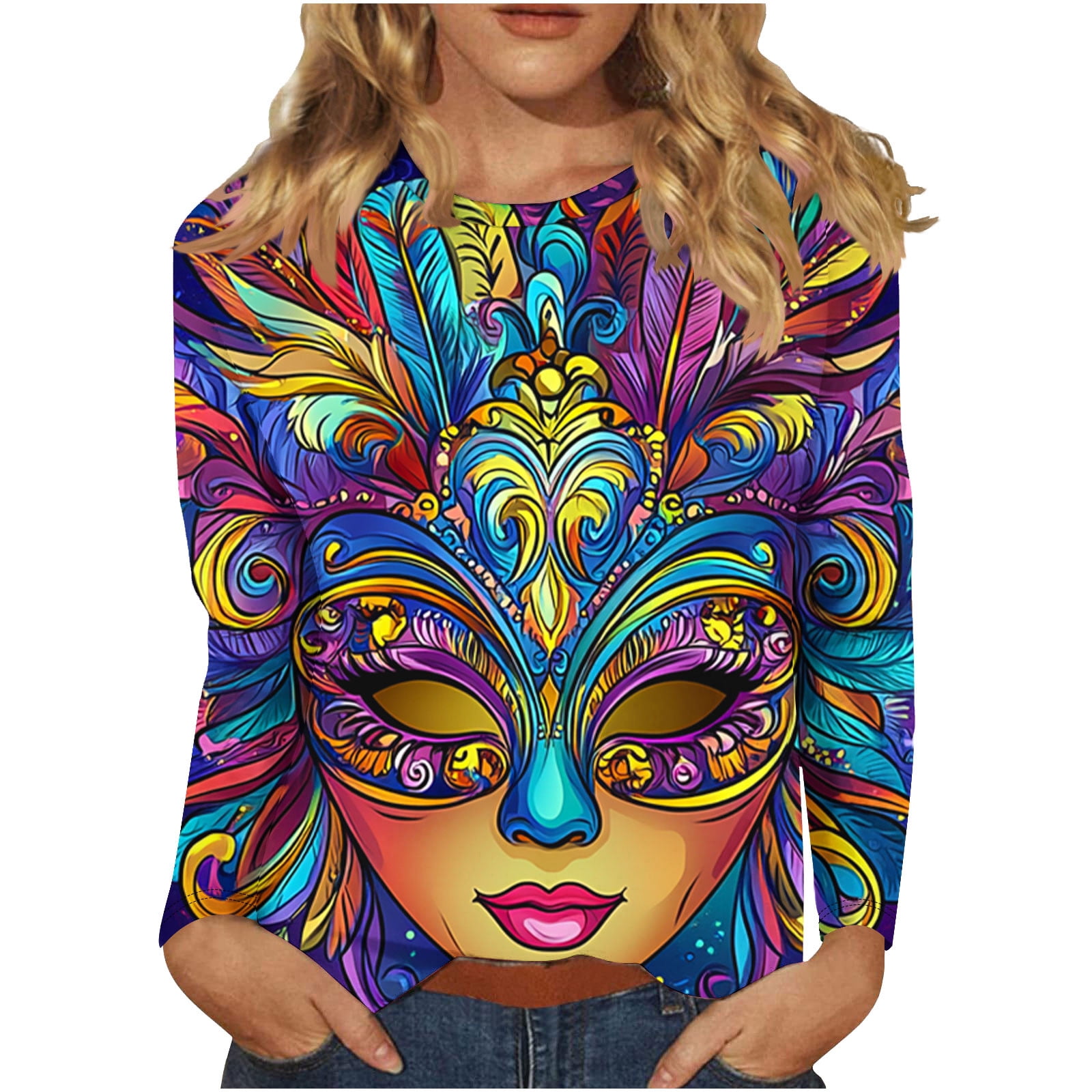 Mardi Gras Shirt For Women - Long Sleeve Carnival Graphic Pullover, Crew Neck, New Orleans Party Tee