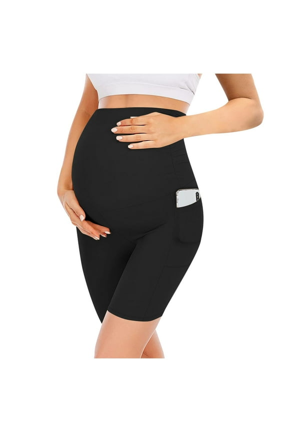 Maternity Bike Shorts - 5-Inch Length Compression Leggings with Wide Belly Band for Support Workout Yoga Shorts