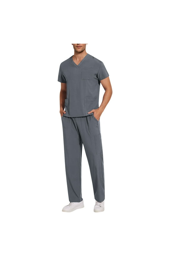 Men Scrubs Set Stretch V Neck Scrub Top and Straight Leg Pants Medical Uniform Anti Wrinkle Scrubs for Men with Pockets