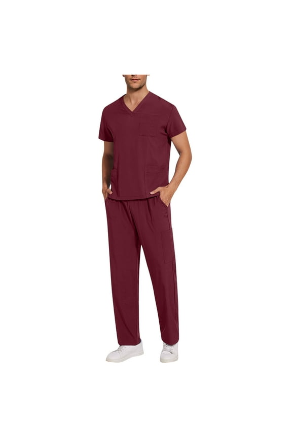 Men Scrubs Set Stretch V Neck Scrub Top and Straight Leg Pants Medical Uniform Anti Wrinkle Scrubs for Men with Pockets