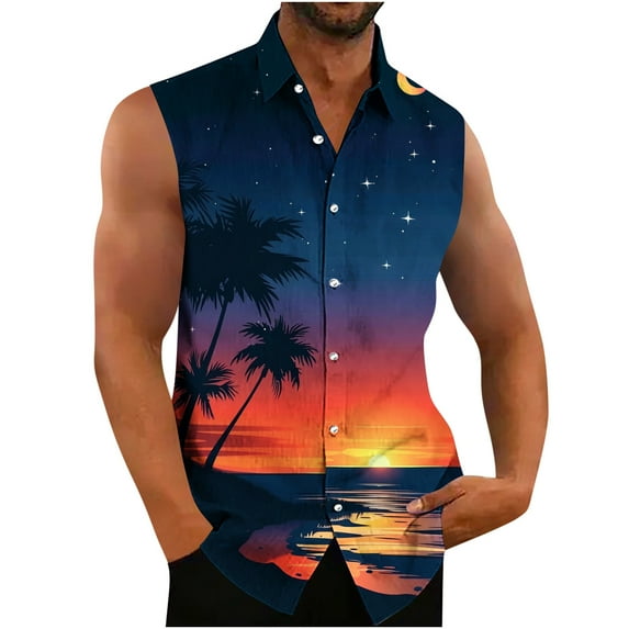 Fancifize Men's Big and Tall Sleeveless Shirts 3D Printed Button Up Tropical Beach Tank Top Summer Collered Casual Tank Shirt