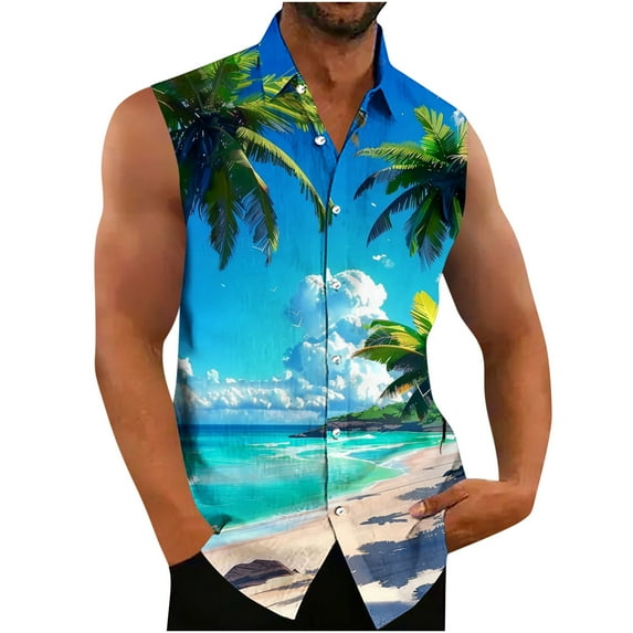 Fancifize Men's Big and Tall Sleeveless Shirts 3D Printed Button Up Tropical Beach Tank Top Summer Collered Casual Tank Shirt