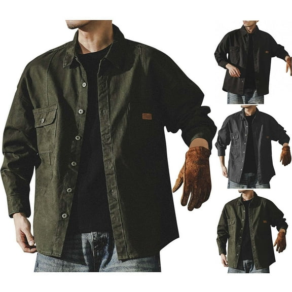 Fancifize Men's Button Down Shirt Shacket Vintage Long Sleeve Collared Shirt Jacket with Pocket Casual Work Fall Outwear