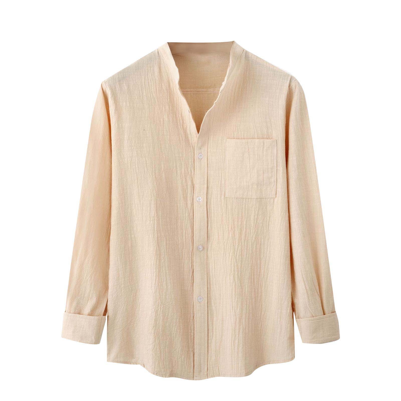 Men's Casual Linen-Look Striped Shirt - Band Collar, Long Sleeve, Button-Down With Pockets, Brown - View #12