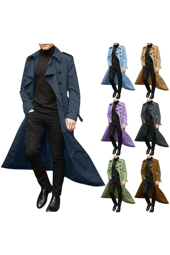 Men's Long Sleeve Trench Coat Double Breasted Notched Lapel Jacket Lightweight Fall Winter Casual Business Overcoat