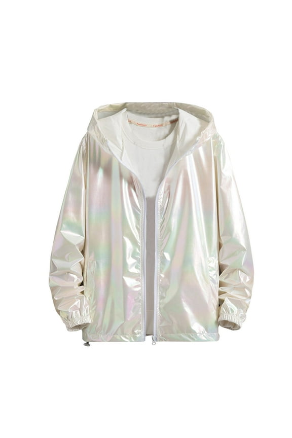 Men's Metallic Jacket Lightweight Zip Up Holographic Shiny Hooded Jackets for Men Long Sleeves Metallic Shiny Hoodie Coat