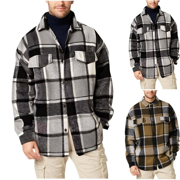 Fancifize Men's Plaid Flannel Shirt Shacket Button Down Long Sleeve Lapel Casual Shirt with Pocket Soft Loose Fall Fashion Outwear