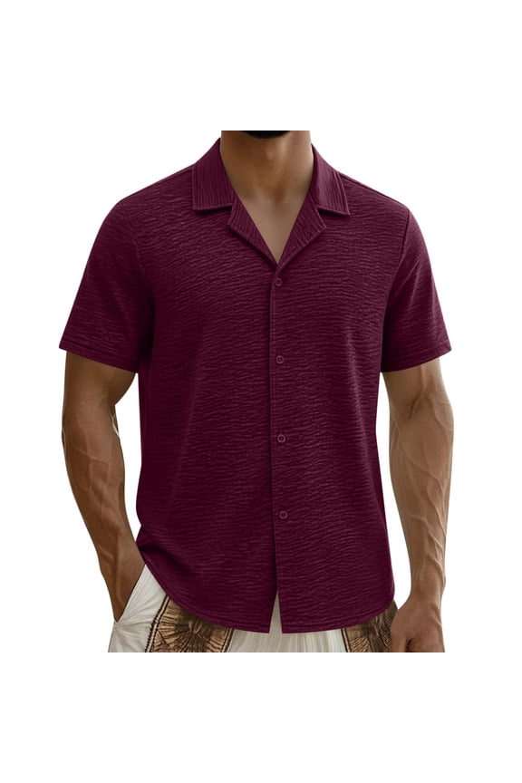 Men's Summer Cotton Shirts Casual Notched Collared Short Sleeve Button Blouses Business Work Tops