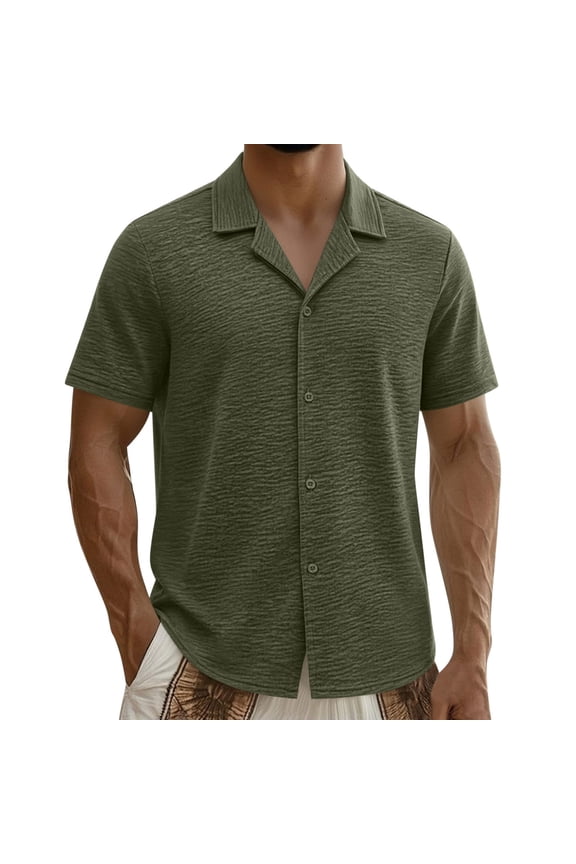Men's Summer Cotton Shirts Casual Notched Collared Short Sleeve Button Blouses Business Work Tops