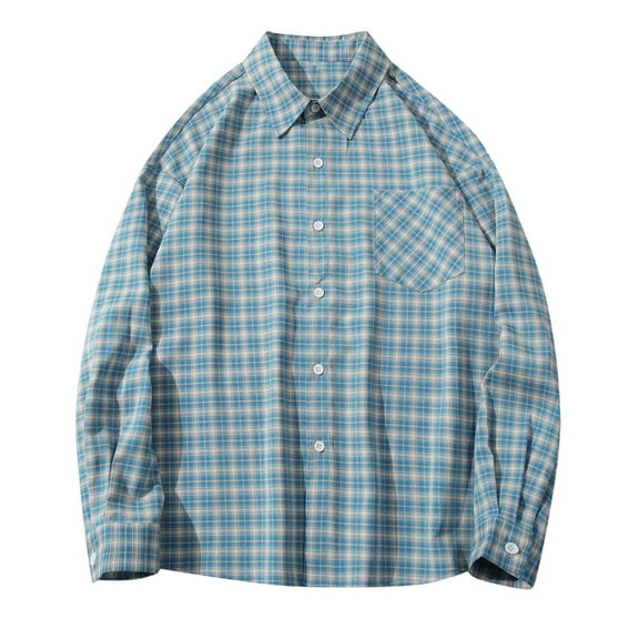Fancifize Mens Cotton Plaid Shacket Solid Lapel Long Sleeve Button Down Coats Casual Loose Blouse Fall Fashion Jacket Outwear with Pockets