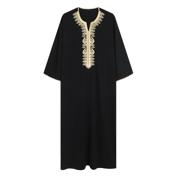 Fancifize Mens Kaftan Maxi-Muslim Kaftan Thobe Male Shirt Long Sleeve Abaya Dubai Muslim Clothes for Men Print V Neck Thobe Thawb Caftan