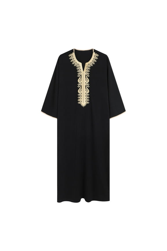 Mens Kaftan Maxi-Muslim Kaftan Thobe Male Shirt Long Sleeve Abaya Dubai Muslim Clothes for Men Print V Neck Thobe Thawb Caftan