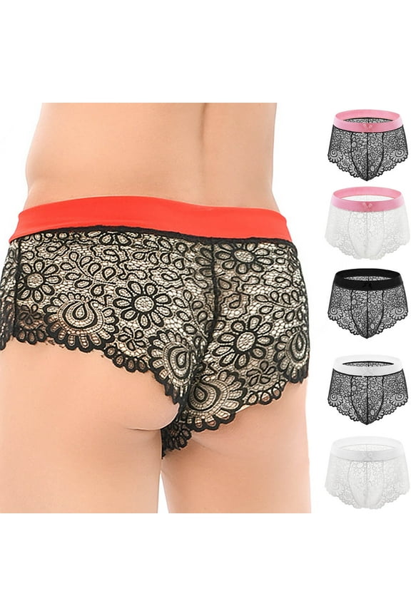 Mens Lace Boxer Briefs - Soft Low Rise Bulge Pouch Trunks Underwear Panties for Men See Through Underpants