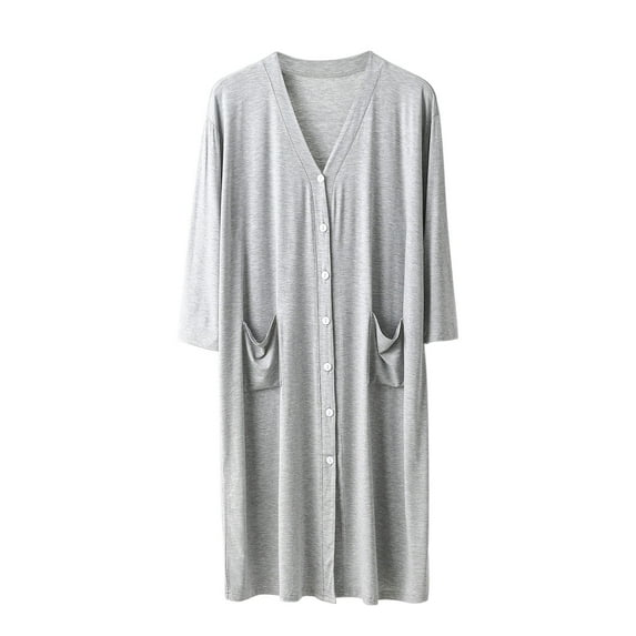 Fancifize Mens Lightweight Long Sleeve Nightgown Soft Button Down V Neck Sleepshirt Casual Loose Sleepwear Loungewear with Pockets