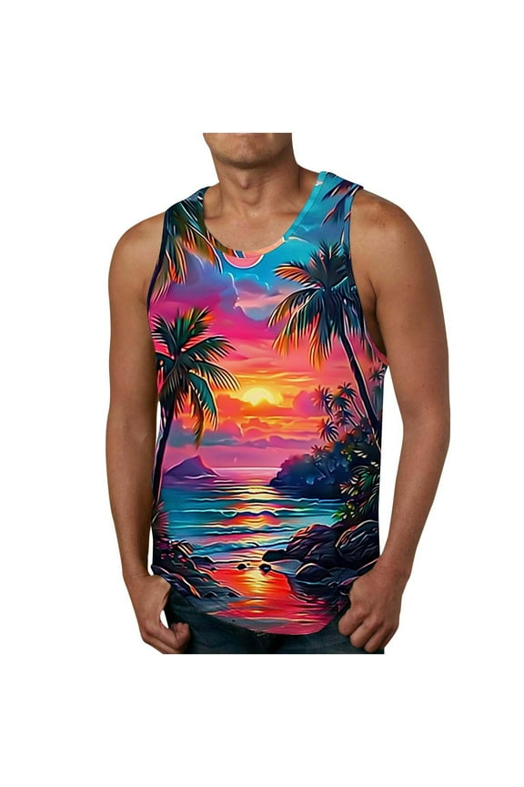 Mens Summer Beach Tank Tops Big and Tall 3D Printed Casual Sleeveless Vacation Shirts Crewneck Gym Workout Tank Top S-4XL