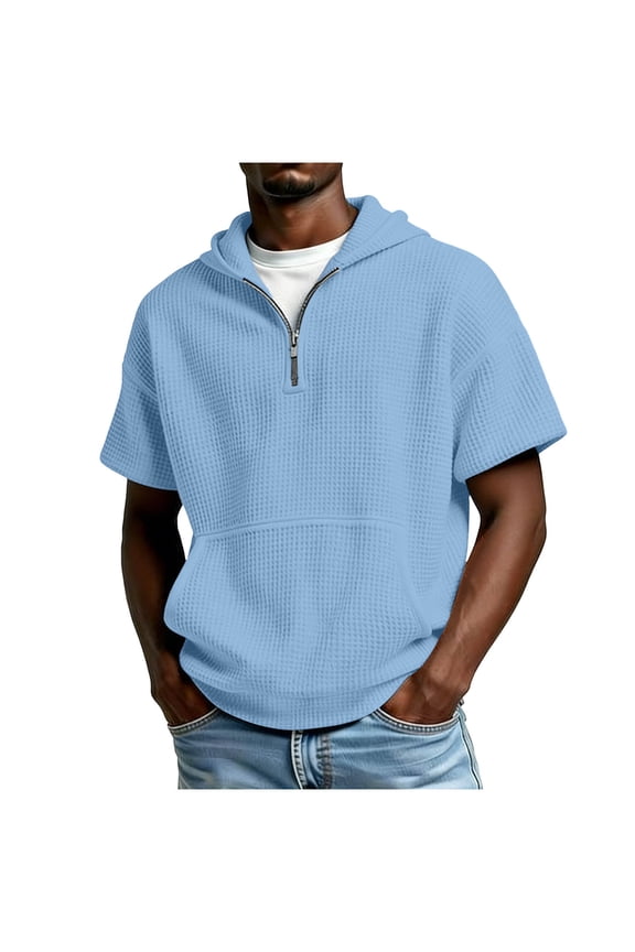 Mens Summer Shirts Short Sleeve Hoodies Half Zip Casual Tops Waffle Knit Loose Fit Shirts Lightweight Athletic Golf Summer Clothes