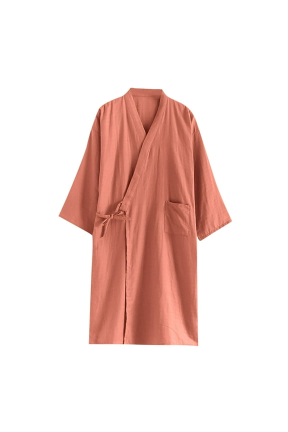 Mens V Neck Robe Lightweight Cotton Bathrobe Long Sleeve Sleepwear Casual Loose Loungewear with Pocket