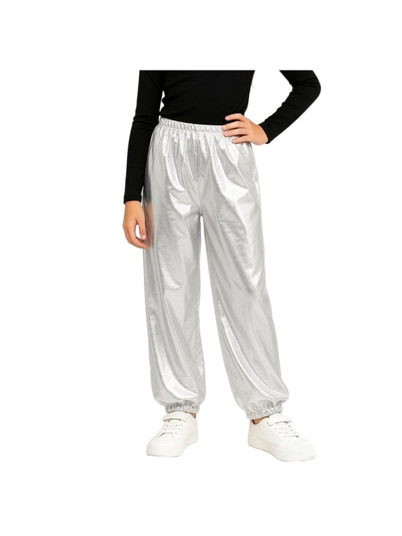 Metallic Sparkly Pants for Boys Girls, Elastic Waist Shiny Jogger Pants, Teens Dance Performance Trousers 3-16 Years