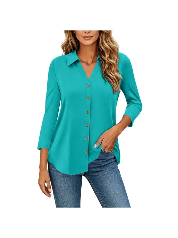 Modest Shirts for Women 3/4 Sleeve Button Down V Neck Shirts Business Casual Summer Ladies Blouses Tees