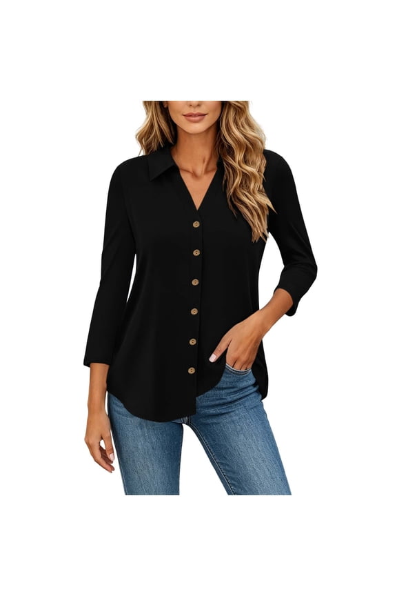 Modest Shirts for Women 3/4 Sleeve Button Down V Neck Shirts Business Casual Summer Ladies Blouses Tees