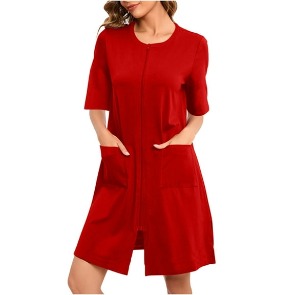 Fancifize Nightgown For Women 3/4 Sleeves Sleepshirt Zipper Front Crew Neck Sleepwear With Pockets Loose Soft Loungewear Short Nightdress Pajamas