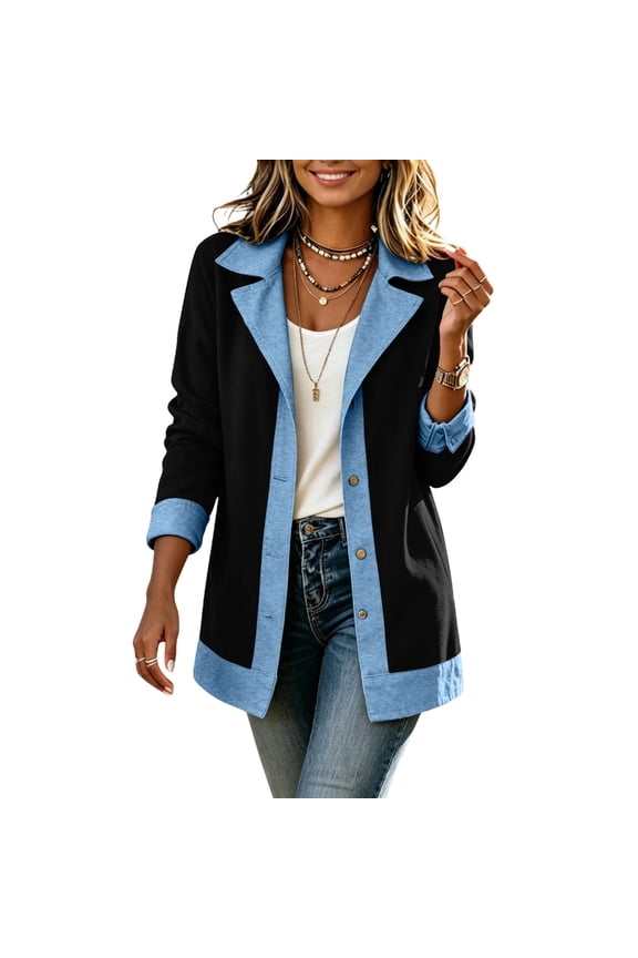 Notch Collared Jackets for Women Single Breasted Long Sleeve Denim Patchwork Outerwear Coats