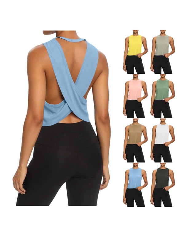 Open Back Workout Shirts for Women Crewnecek Cropped Yoga Tank Tops Backless Sleeveless Tshirts