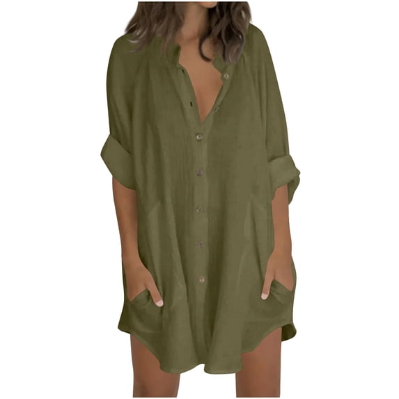 Fancifize Oversized Shirts for Women Button Down Beach Tops Loose Fit Cotton Linen 3/4 Sleeve Summer Vacation Outfits