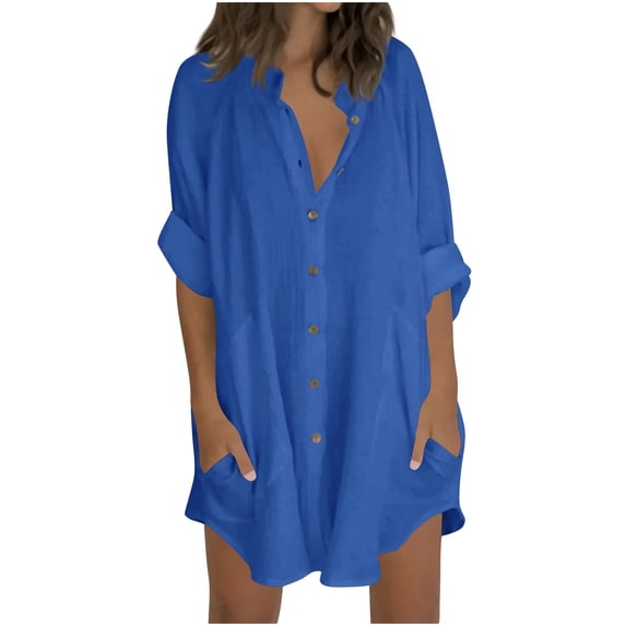 Fancifize Oversized Shirts for Women Button Down Beach Tops Loose Fit Cotton Linen 3/4 Sleeve Summer Vacation Outfits