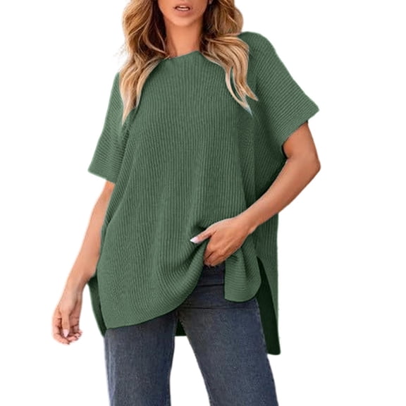 Fancifize Oversized Shirts for Women Short Sleeve Loose Sweater Crew Neck Casual Comfort Tops Irregular Hem Outfits Trendy Summer Going Out Clothes