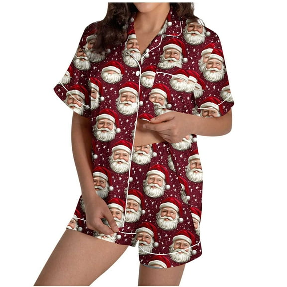 Fancifize Pajamas for Women Christmas Short Sleeve Sleepwear Soft Button Down Loungewear Xmas Print Lounge Set 2 Piece Shorts Set