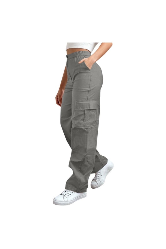 Pants for Women Cargo Elastic Waist Wide Leg Pants Baggy Summer Casual Trousers with Pockets Hiking Travel Clothes