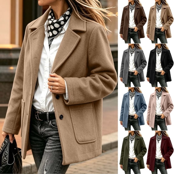 Fancifize Peacoat for Women Single Breasted Notched Collar Wool Trench Coat with Pockets,S-3XL