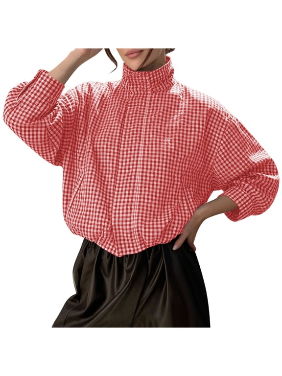 Plaid Mock Neck Jacket for Women Zip Up Long Sleeve Smocked Hem Cropped Coat with Pockets,S-2XL