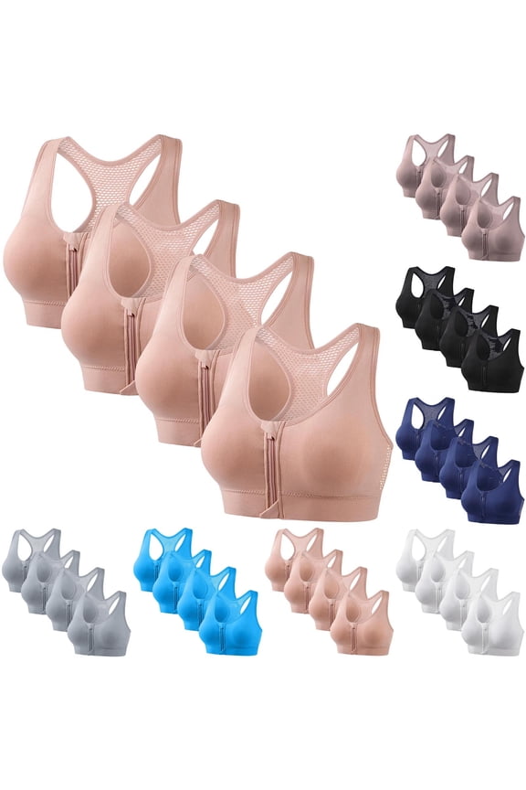 Plus Size Women 4 Pack Wireless Bras Yoga Front Zip Racerback No Underwire Seamless Bralettes
