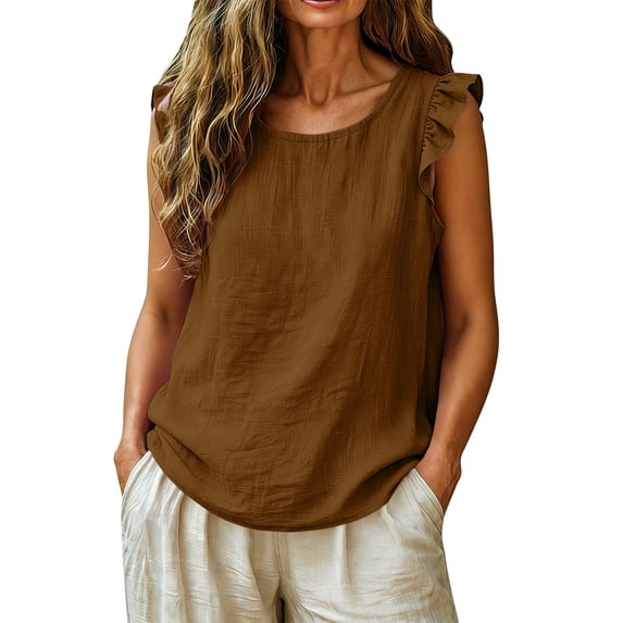 Fancifize Plus Size Women Ruffle Sleeveless Tshirts Summer Crewneck Cotton Tank Tops Casual Loose Camiosle