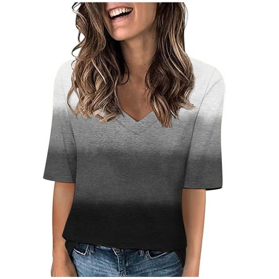 Fancifize Prime Day Clearance Women's Color Block Short Sleeve T Shirts Casual V Neck Tops Basic Top Summer Trendy Loose Fit Blouse Shirts