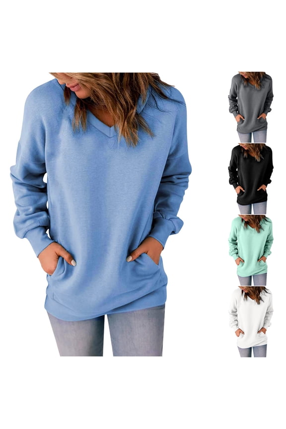 Pullover Sweatshirts for Women V Neck Fall Sweatshirt Casual Loose Fashion Top with Pocket Athletic Outdoor Outfits