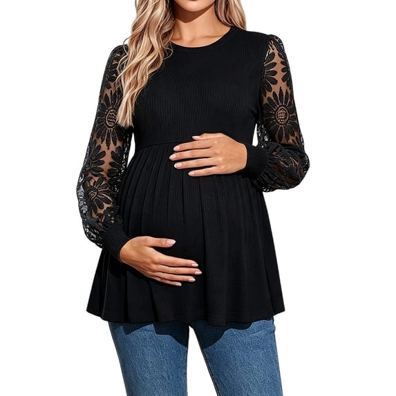 Fancifize Ribbed Knit Lace Long Sleeve Shirts for Maternity, Women's Crewneck Trendy Elegant Tops