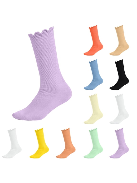 Ribbed Mid Socks for Teen Girls Boys Kids Basic Soft Solid Color Daily Wearing Socks with Lettuce Edge