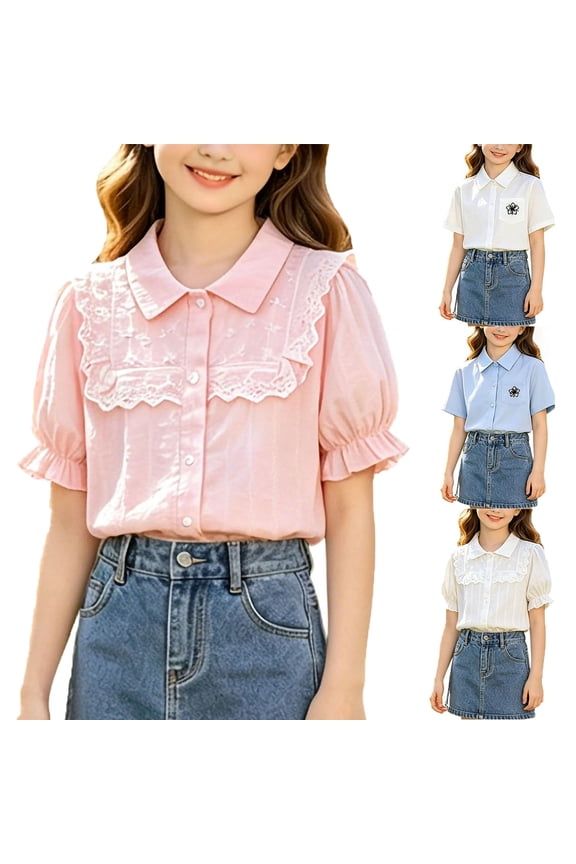 Ruffle Collared Shirts for Girls Flounce Short Sleeve Button Up Blouses Kids Casual Preppy Look Tops