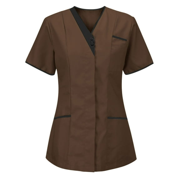 Fancifize Scrub Top for Women V-Neck Short Sleeve Stretch Scrubs for Women Medical Scrub Shirts with Pockets L,Brown